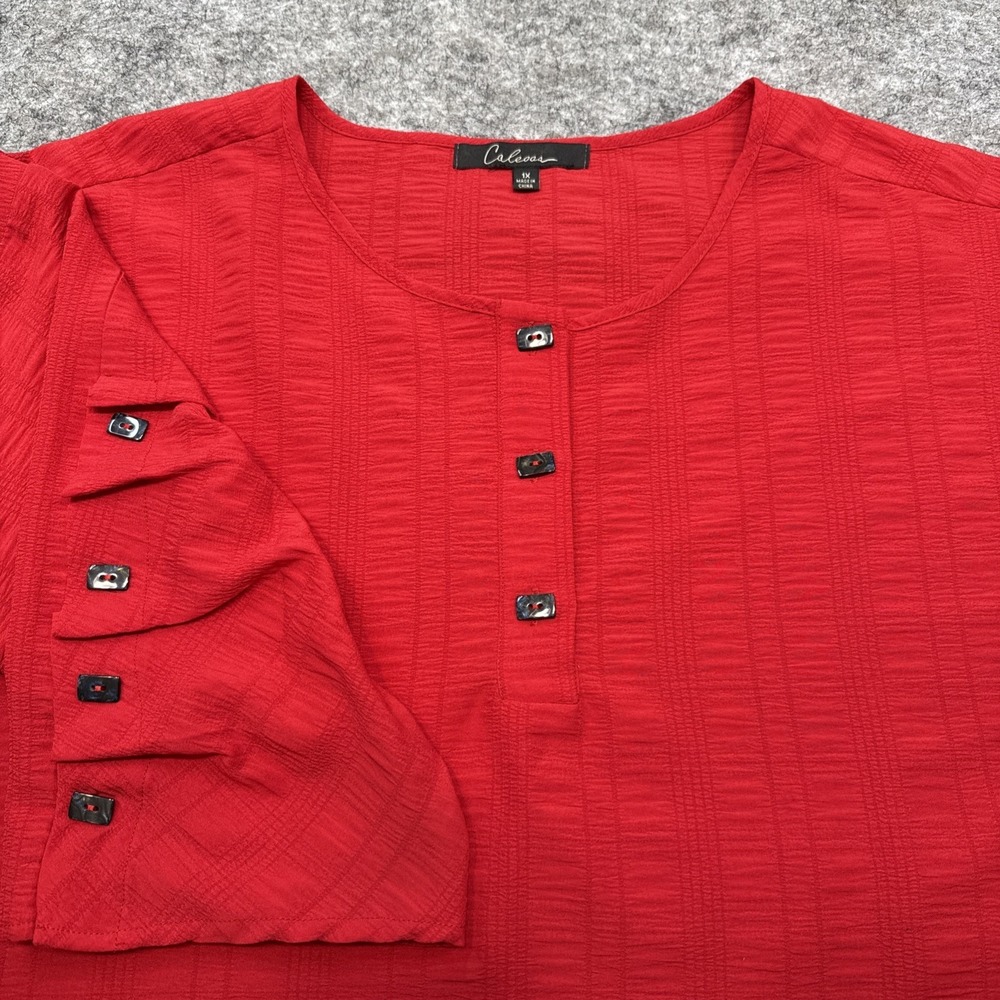Calessa blouse womens 1X red textured crepe boho art asymmetrical pockets office
